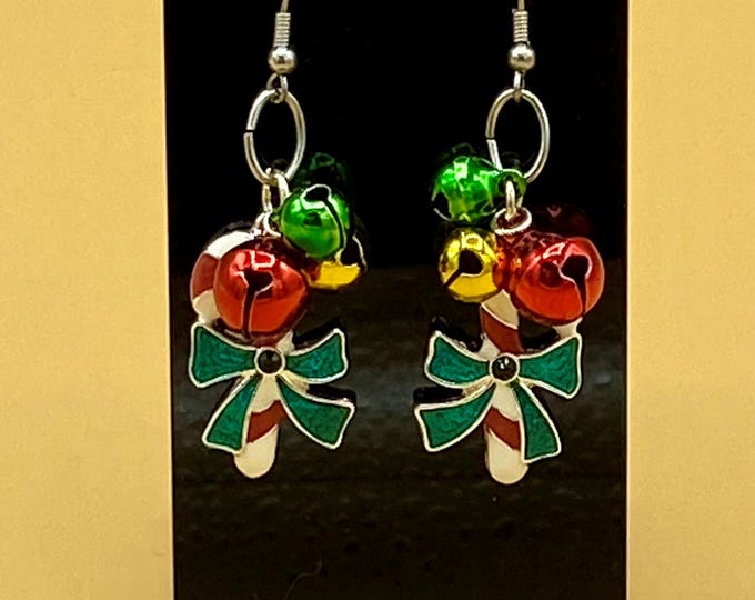 Enamel Christmas Candy Cane Earrings Stainless Hook
