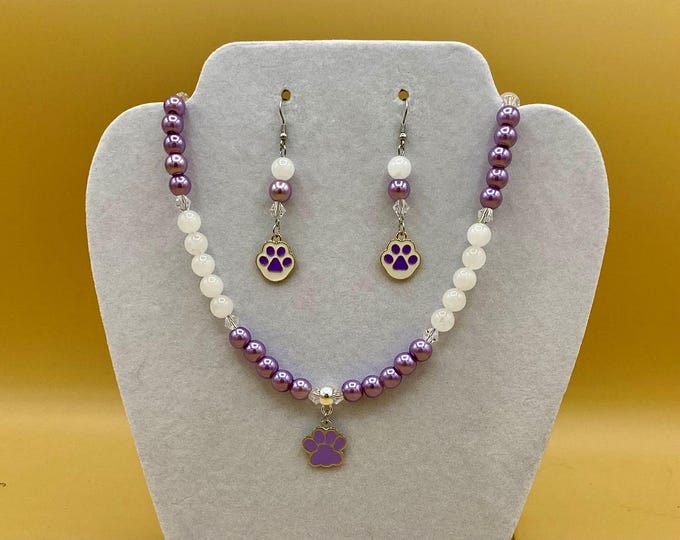 Purple Cat Dog Paw Necklace & Earring Set