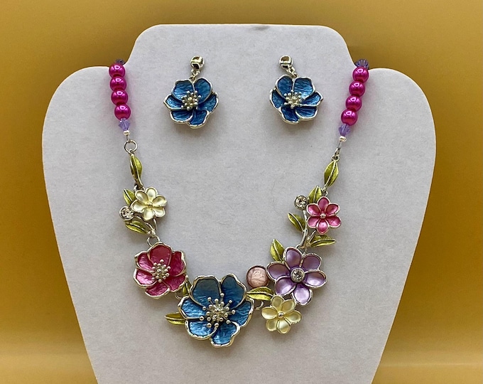 Colorful Floral Enamel Multicolor Bib Necklace & Earring Set Including Matching Bracelet