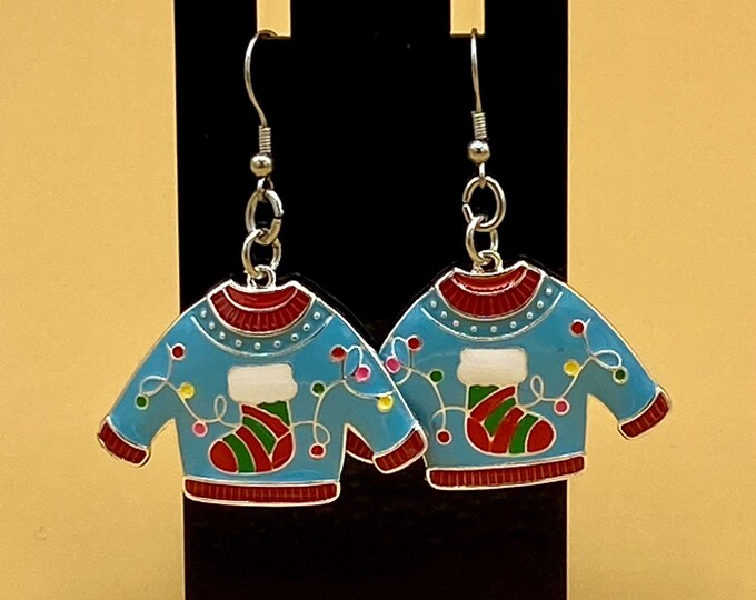 Blue Enamel Ugly Christmas Sweater Earrings Stainless Hook