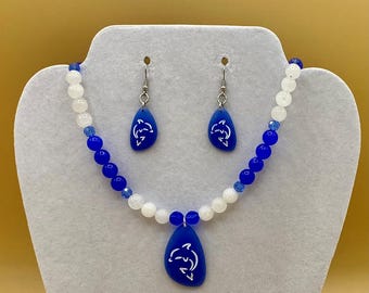 Blue Sea Glass Dolphin Beach Tropical  Necklace and Earring Set Includes Matching Magnetic Bracelet