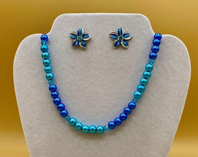 Blue Pearl & Crystal Necklace and Flower Earring Set Plus Size Hand Beaded Toggle Magnet