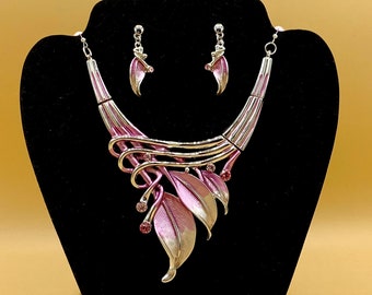 Pink Leaf Statement Necklace and Earring Set: Glass Pearl Bib Jewelry