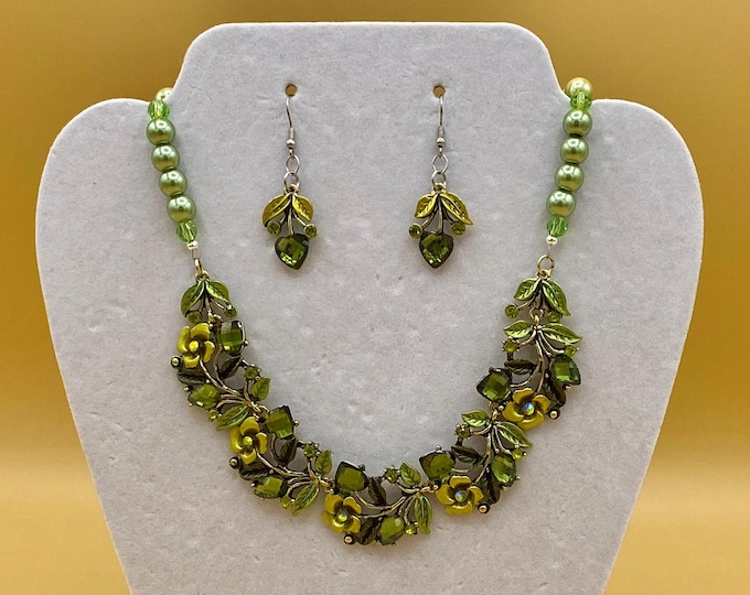 Olive Green Flowers and Crystals Bib Necklace & Earring Set with Matching Bracelet