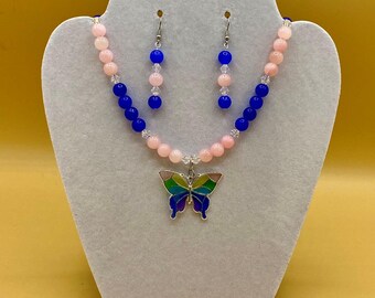 Stain Glass Look Butterfly Necklace and Earring Set Includes Matching Magnetic Bracelet