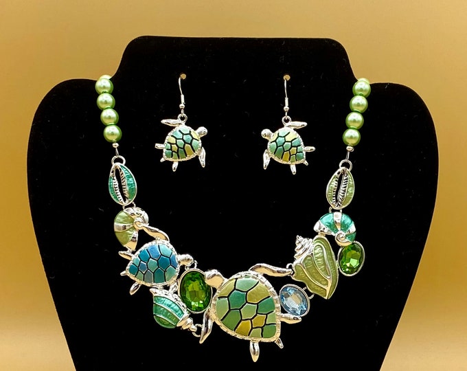 Colorful Green Tones Turtle Bib Statement Necklace & Earring Set Plus Size Optional Matching Bracelet