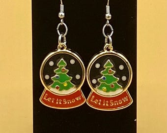 Enamel Christmas Tree Snow Globe Earrings Stainless Hook