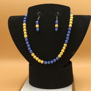 Royal Blue & Yellow Pearl Necklace and Earring Set Plus Size Beaded Crystal Glass Pearls Optional Matching Bracelet image 4