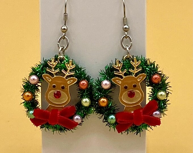 Enamel Christmas Rudolph Wreath Earrings Stainless Hook