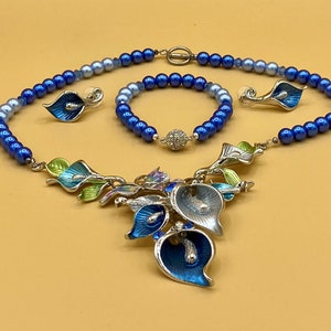 Blue Butterfly & Flowers Bib Statement Necklace and Earring Set Colorful Jewelry Optional Matching Bracelet image 9