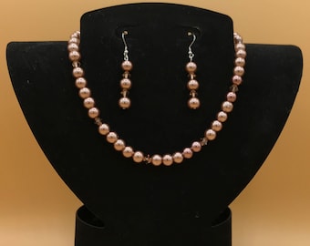 Brown Glass Pearl & Crystal Necklace and Earring Set Plus Size Optional Matching Bracelet
