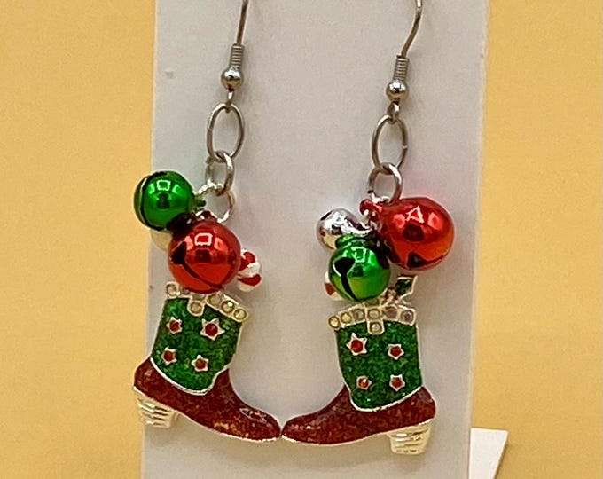 Enamel Christmas Cowboy Boots Earrings Stainless Hook