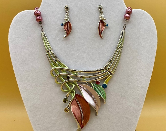 Colorful 3 Leaf Statement Necklace and Earring Set Bib Optional Matching Bracelet
