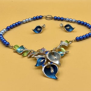 Blue Butterfly & Flowers Bib Statement Necklace and Earring Set Colorful Jewelry Optional Matching Bracelet image 6