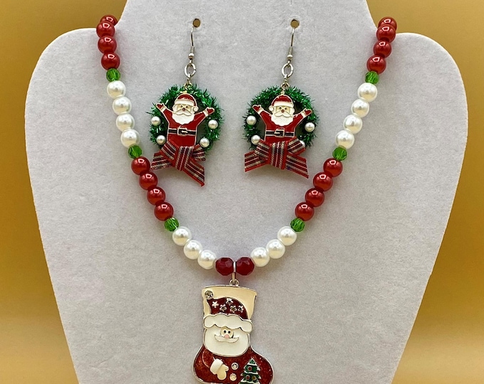 Santa Christmas Stocking Necklace and Earring Set Plus Size Including Matching Bracelet