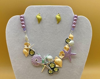 Purple Starfish & Sea Life Bib Statement Necklace and Earring Set Optional Matching Bracelet