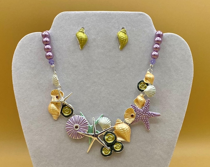 Purple Starfish & Sea Life Bib Statement Necklace and Earring Set Optional Matching Bracelet
