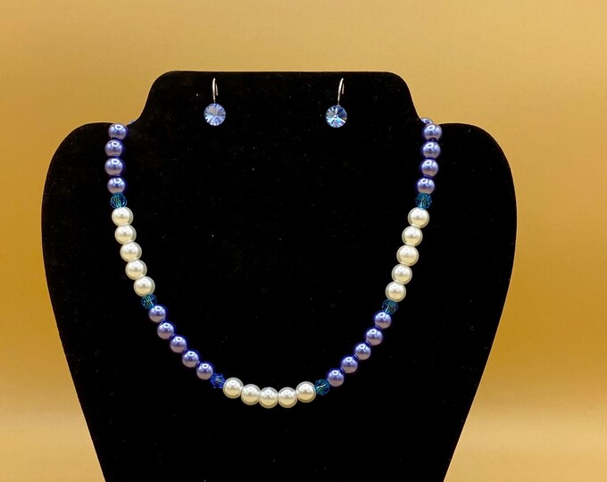 Blue and White Pearl Necklace & Crystal Earring Set Plus Size  Toggle or Magnet