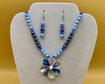 Shades of Blue Flowerer Necklace and Earring Set Optional Matching Magnetic Bracelet