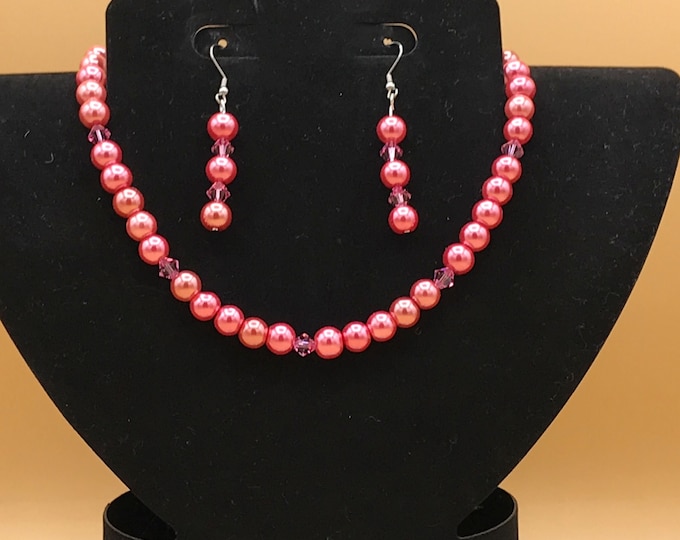 Strawberry Pink Glass Pearl & Crystal Necklace and Earring Set Plus Size Optional Matching Bracelet