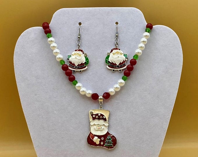 Santa Christmas Stocking Necklace and Earring Set Plus Size Including Matching Bracelet
