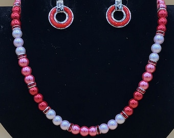Red Ombre Necklace and Enamel Earring Set Plus Size Hand Beaded Optional Matching Bracelet