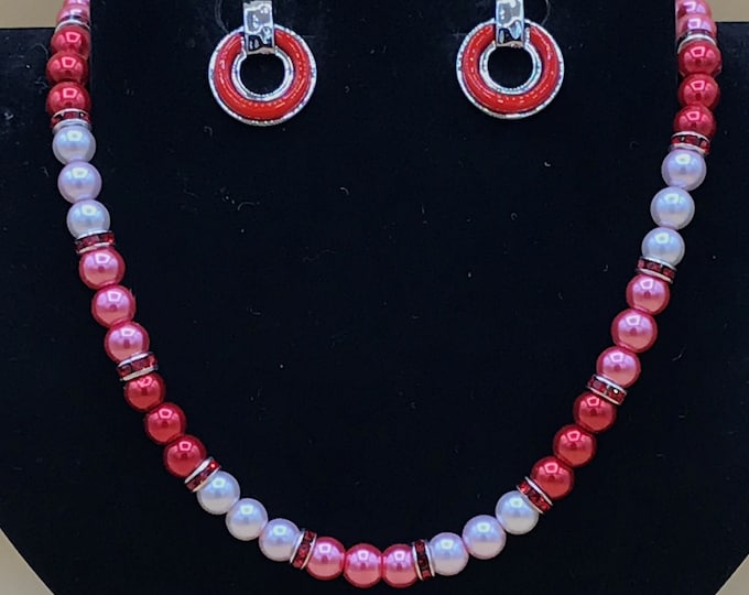 Red Ombre Necklace and Enamel Earring Set Plus Size Hand Beaded Optional Matching Bracelet