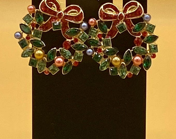 Crystal Christmas Wreath Earrings Red Bow Holiday Jewelry