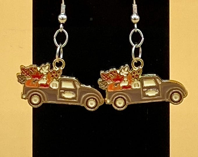 Brown Pickup Truck Colorful Fall Leaves Earrings Stainless Steel