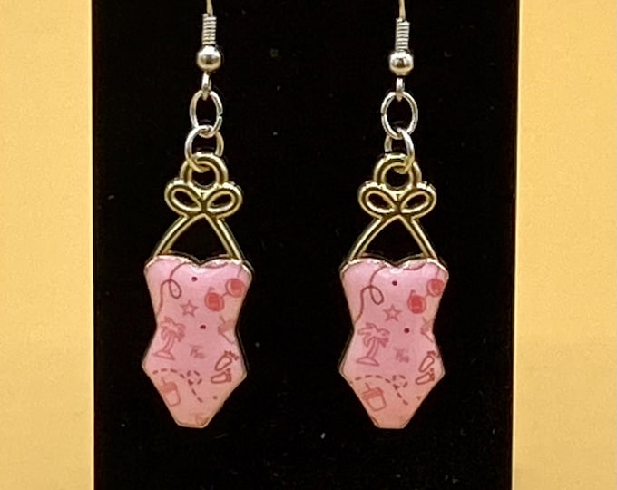 Pink Retro Style Swimsuit Bathing Suit Earrings Stainless Hook