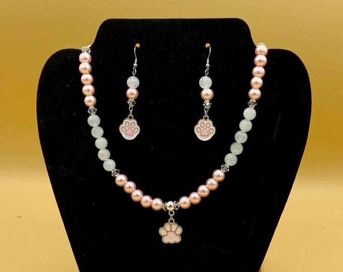 Pink Cat Dog Paw Necklace & Earring Set