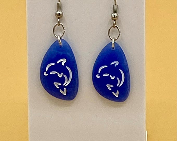 Cobalt Blue Etched Dolphin Sea Glass Earrings Stainless Hook