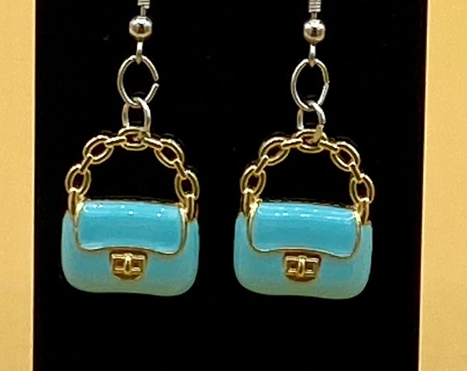 Blue Clutch Purse Earrings Stainless Hook
