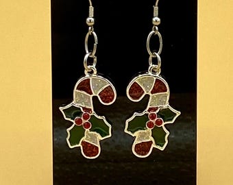 Enamel Glitter Candy Canes Earrings Stainless Hook