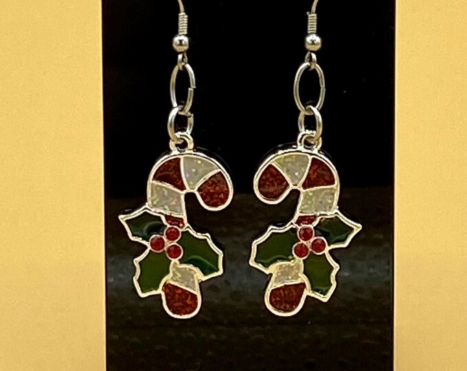 Enamel Glitter Candy Canes Earrings Stainless Hook