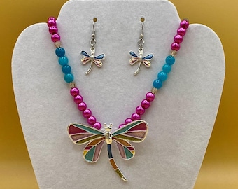 Colorful Dragonfly Necklace & Earring Set with Including Matching Bracelet
