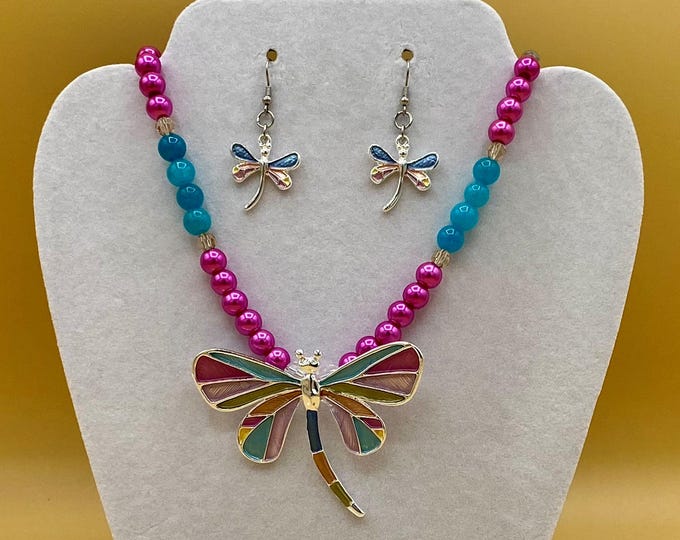 Colorful Dragonfly Necklace & Earring Set with Optional Matching Bracelet