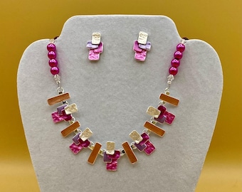 Shades of Pink Rectangles Bib Necklace & Earring Set Including Matching Bracelet