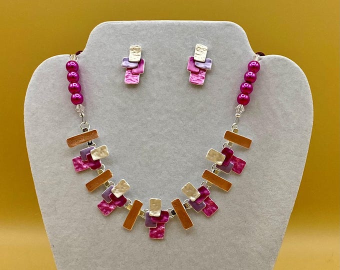 Shades of Pink Rectangles Bib Necklace & Earring Set Including Matching Bracelet