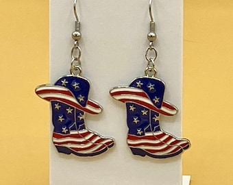Patriotic Cowboy Boot & Hat American Flag Earrings