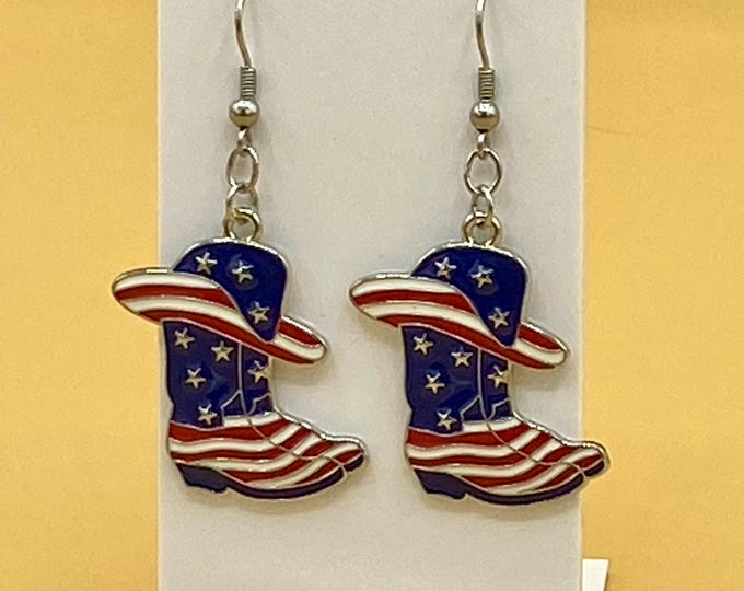 Patriotic Cowboy Boot & Hat American Flag Earrings