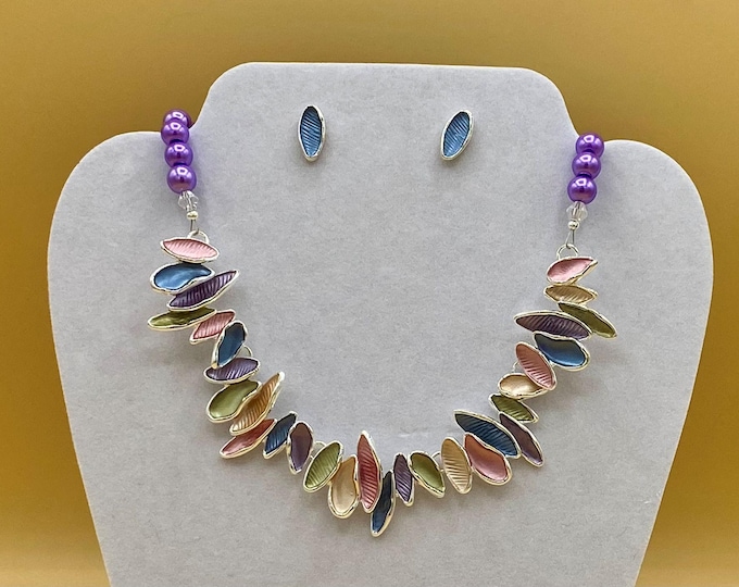 Colorful Enamel Multicolor Bib Necklace & Earring Set Including Matching Bracelet