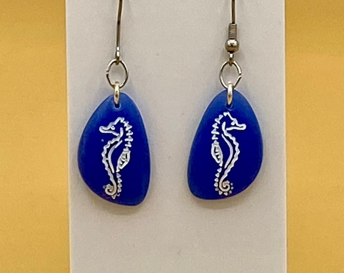 Cobalt Blue Etched Sea Horse Sea Glass Earrings Stainless Hook