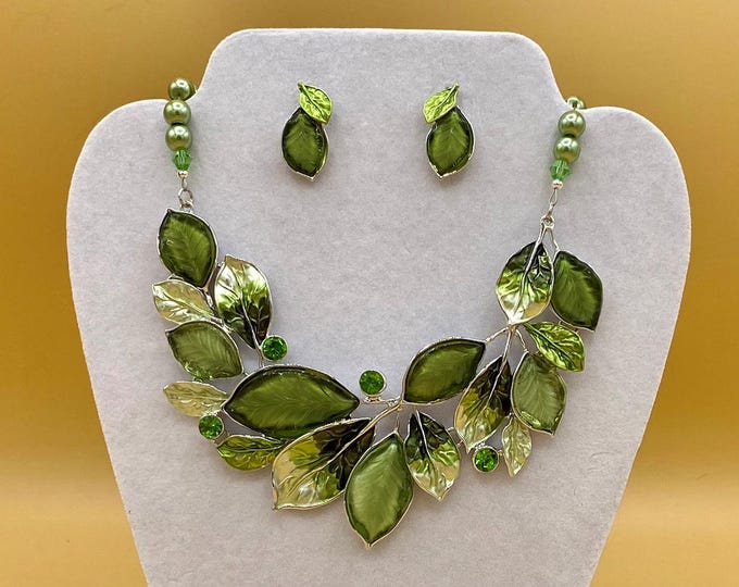 Green Glass & Enamel Leaf Bib Necklace, Bracelet and Earring Set - Plus Size