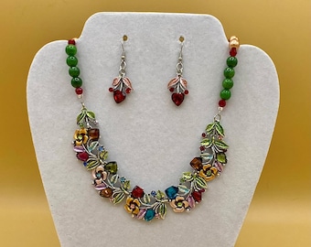 Colorful Flowers and Crystals Bib Necklace & Earring Set with Matching Bracelet