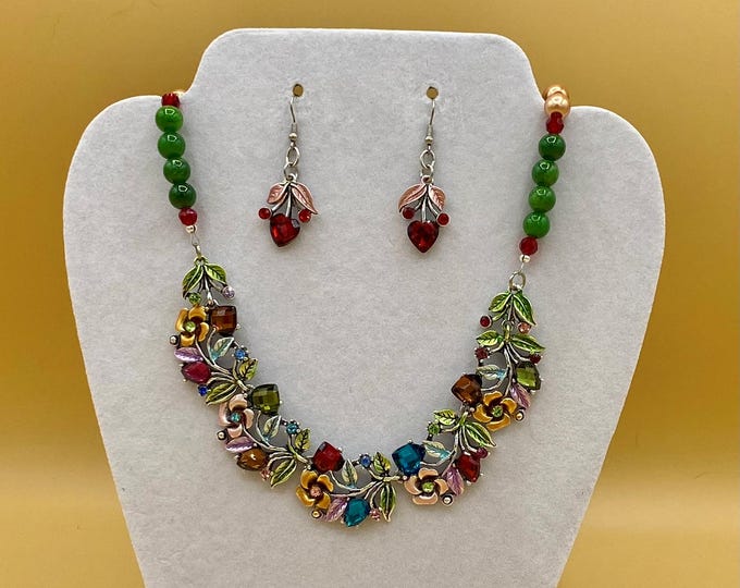 Colorful Flowers and Crystals Bib Necklace & Earring Set with Matching Bracelet