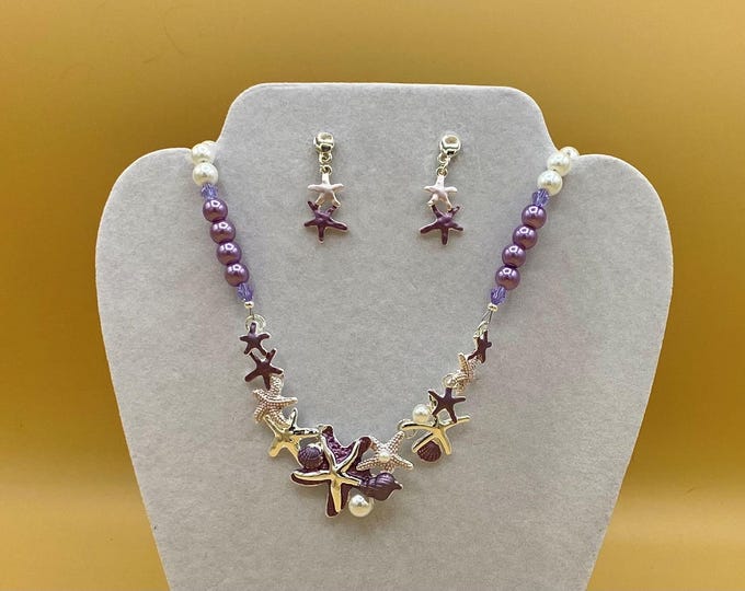 Purple Starfish and Shells Bib Necklace & Earring Set Including Matching Bracelet