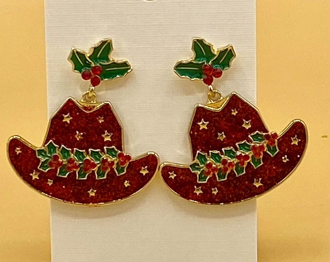 Christmas Cowgirl Red Glitter Hat Post Style Earrings