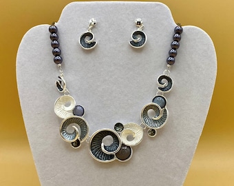 Black and White Enamel Neutral Bib Necklace & Earring Set Including Matching Bracelet