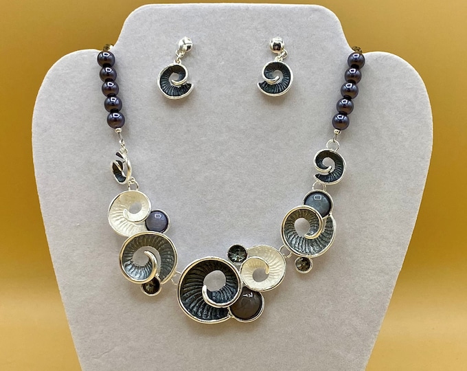Black and White Enamel Neutral Bib Necklace & Earring Set with Optional Matching Bracelet